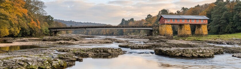 Fototapeta premium Autumnal River Bridge with Rustic Building