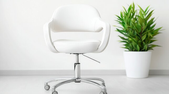 A sleek white office chair stands in front of a lush green plant, creating a fresh and modern workspace ambiance.
