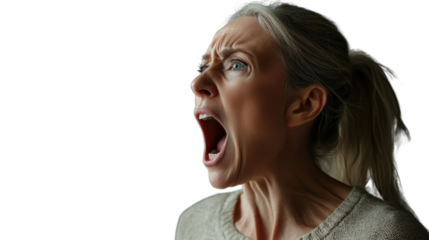 Angry senior woman shouting with transparent background