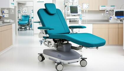 A modern teal medical chair designed for comfort and functionality in a clinical setting, featuring adjustable components and wheels for mobility.