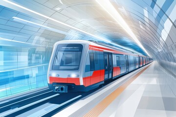 Fototapeta premium Metro station interior showcasing a sleek subway train traveling through a modern underground environment. Generative AI