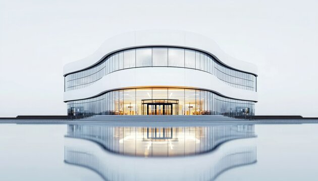 A modern building with a sleek design, featuring large glass windows and a reflective surface, set against a minimalist backdrop.