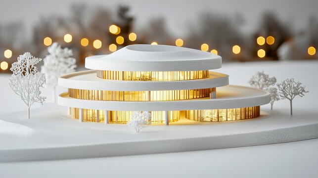 A modern architectural model featuring layered, curved structures surrounded by trees, illuminated against a soft background of lights.