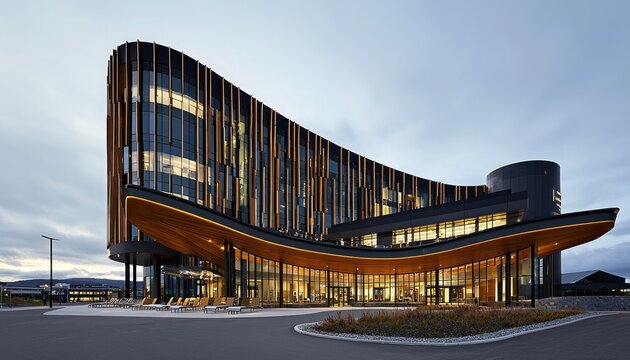 A modern architectural building featuring a unique curved design and wooden accents, set against a cloudy sky.