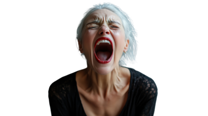 Angry senior adult woman shouting with a transparent background