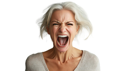 Angry senior woman shouting with transparent background