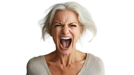 Angry senior woman shouting with transparent background