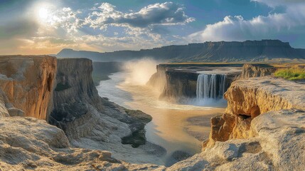 Naklejka premium Serene Desert Landscape at Dawn or Dusk, Rocky Cliff Face with River and Waterfall, Vast Sandy Plain and Blue Sky with Soft Light