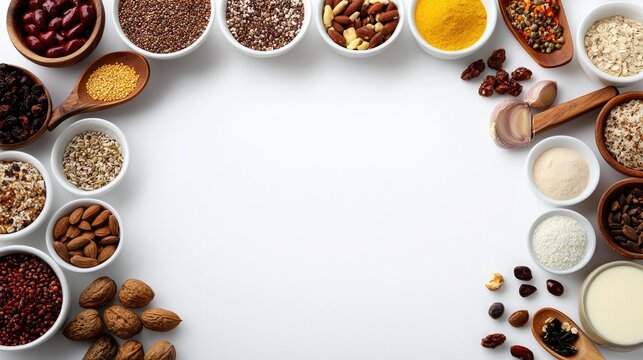 A colorful arrangement of various spices and grains in bowls, creating a border around a blank white space, ideal for culinary presentations or recipes.