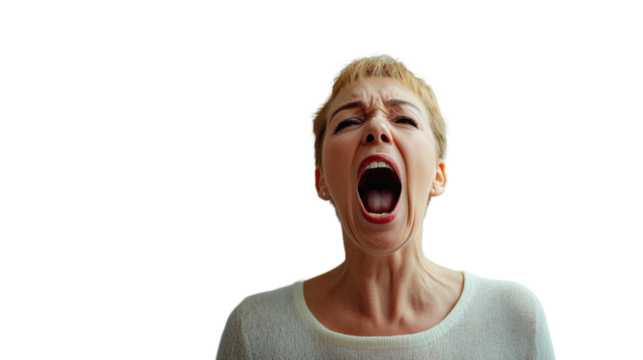 Angry woman shouting with transparent background: stress and frustration concept