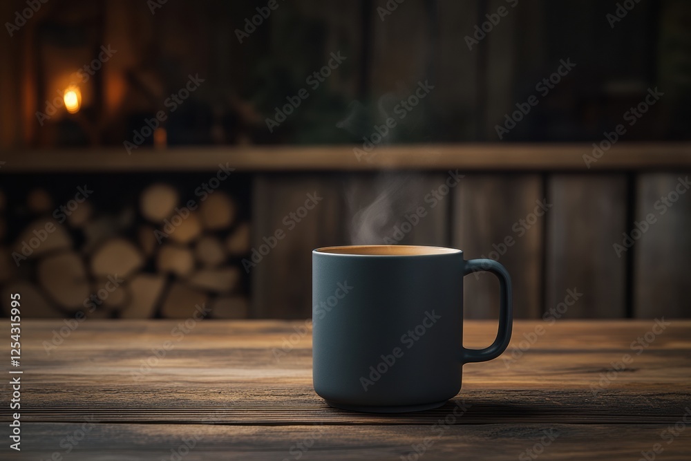 Aufkleber warm coffee cup with steam rising on a rustic wooden table in a cozy atmosphere during the evening. 