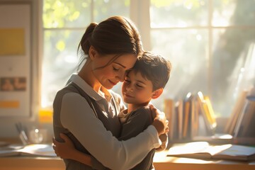 Caring teacher embraces young student in warm classroom environment