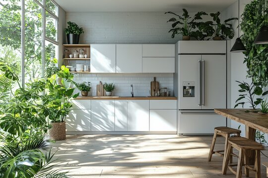 Fototapeta Bright and modern kitchen featuring minimalist decor and natural elements