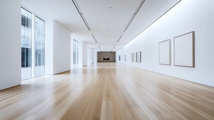 contemporary art gallery with white walls and wooden flooring 