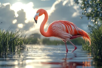 Fototapeta premium High-definition 3D illustration of a flamingo walking gracefully on grass near water against a serene sky background.