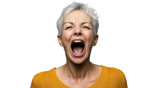 Senior woman shouting with transparent background: expressing anger and frustration