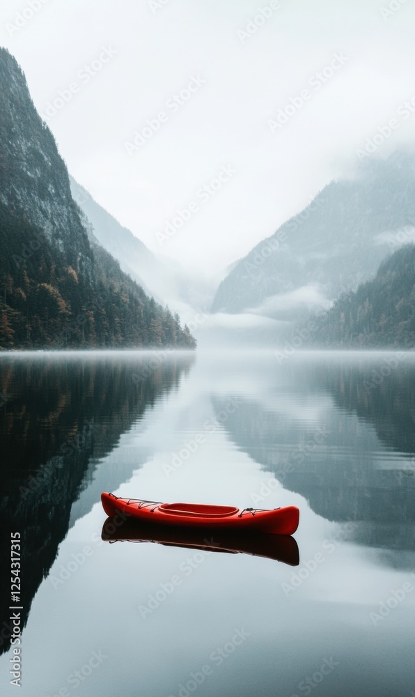 Poster lone kayak resting on tranquil mountain lake surrounded by misty peaks and calm waters at dawn. gene