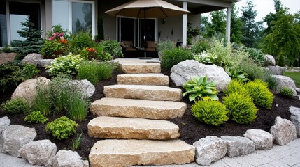 Stone pathway and steps leading to a patio with an umbrella in a serene outdoor setting