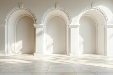 Three white arches on a minimal wall with beige floor, enhanced by soft lighting for high-resolution scenes.