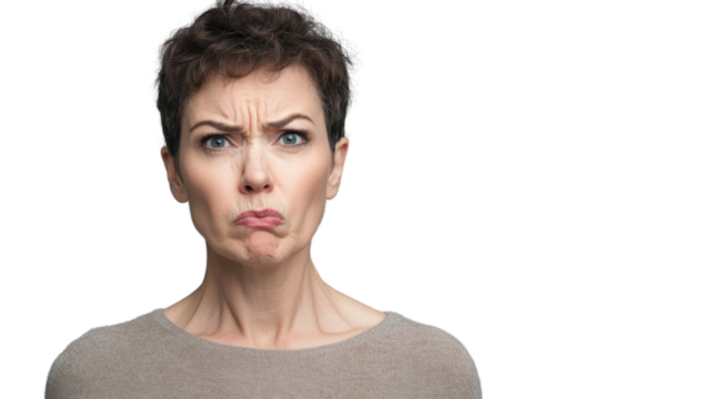 Skeptical mature woman showing displeasure with transparent background