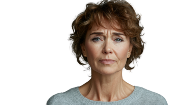 Serious senior woman showing displeasure with frowning face on transparent background