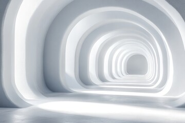 Obraz premium Abstract white backdrop with arches and tunnel for innovative product showcases.