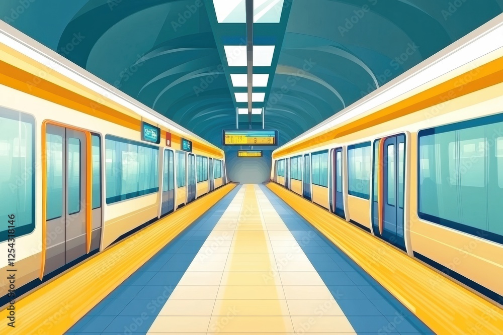 Poster design of a modern metro station with vibrant colors and clear layout in a public transportation sys