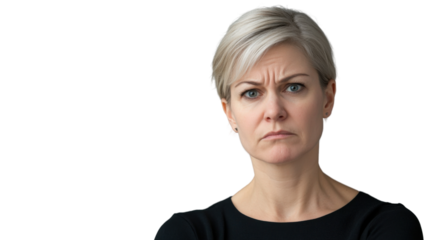 Serious businesswoman frowning with transparent background