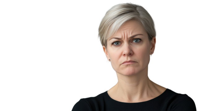 Serious businesswoman frowning with transparent background