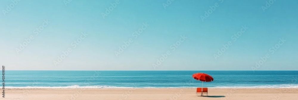 Aufkleber relaxing beach day with a lounge chair and umbrella by calm ocean waves under a clear blue sky. gene