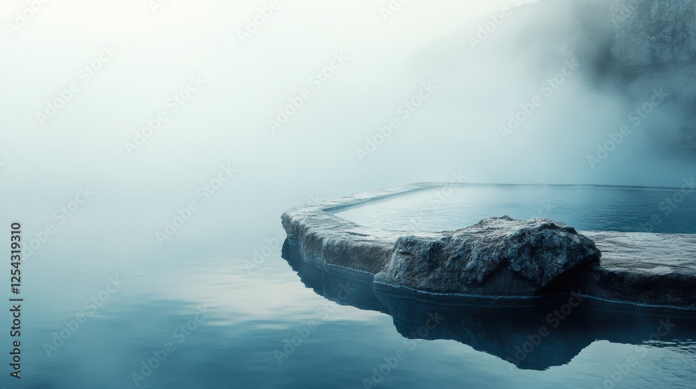 Poster serene hot spring surrounded by rocks with steam rising in a tranquil atmosphere at dawn. generative