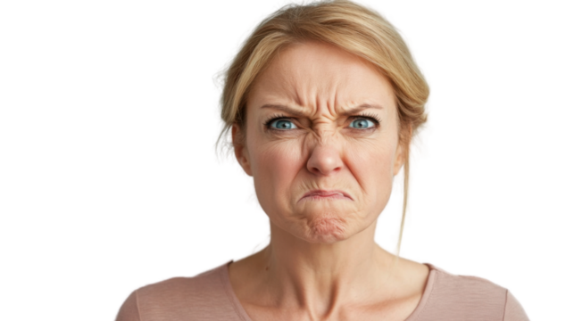 Portrait of disgusted middle aged woman grimacing on transparent background
