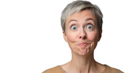 Expressive senior woman making funny face on transparent background