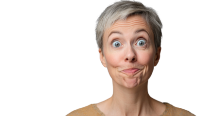 Expressive senior woman making funny face on transparent background