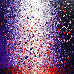 Colorful abstract artwork depicting a vibrant explosion of shapes and hues in a modern artistic style during evening hours