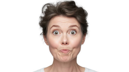 Close-up of surprised middle aged woman making funny face on transparent background