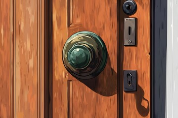 Fototapeta premium The copper green door ring on the old wooden door