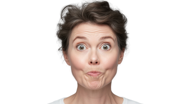 Close-up of surprised middle aged woman making funny face on transparent background