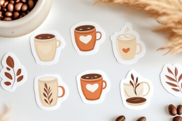 Obraz premium style coffee cup stickers featuring various designs and coffee beans on a light background. Generative AI