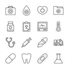 A set of medical icons including a stethoscope, syringe, and thermometer