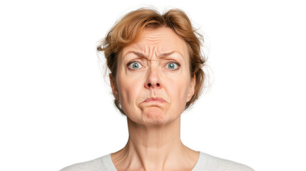 Portrait of confused mature woman with transparent background showing puzzled facial expression