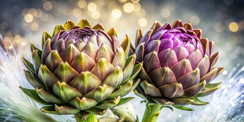 Fototapeta premium Exquisite double exposure: artichoke bloom art. High-resolution botanical photo, stunning white floral detail.