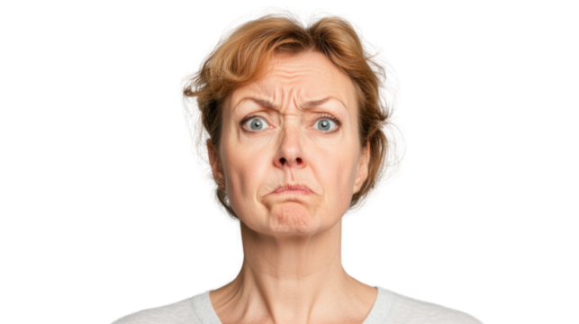 Portrait of confused mature woman with transparent background showing puzzled facial expression