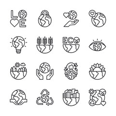 A set of icons for the earth, including a heart, a light bulb