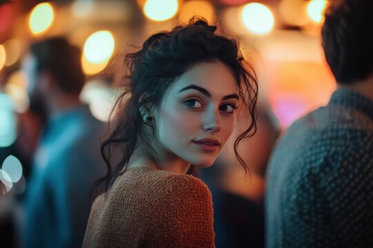 Attendee woman at a high end night business networking event embodies elegance and connection, ideal for marketing luxury brands or social gatherings.