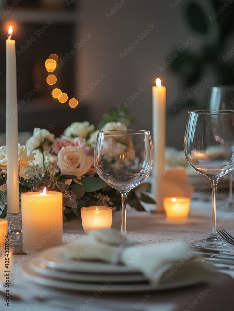 Poster elegant festive dining table featuring glowing candles and fresh flowers for a warm and inviting gat