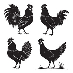 black poultry silhouette set domestic fowls