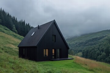 Modern Black House Surrounded by Lush Green Landscape in Fog