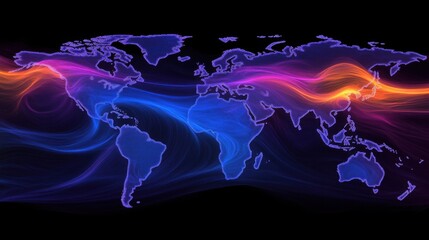 Vibrant global connectivity flowing energy across the digital map in abstract art