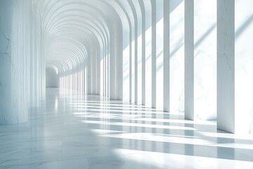 3D render of abstract white interior space with light beams and vertical lines on the wall. Modern, minimal design. Wide-angle view.